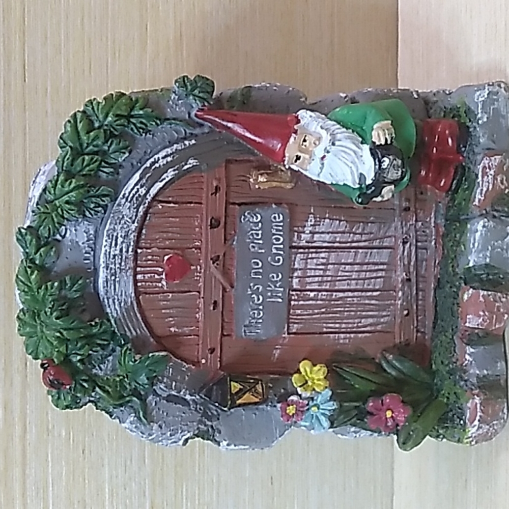 Cute Gnome at his door. Metal and plaster 4 x 5 inches (Gnome 1)